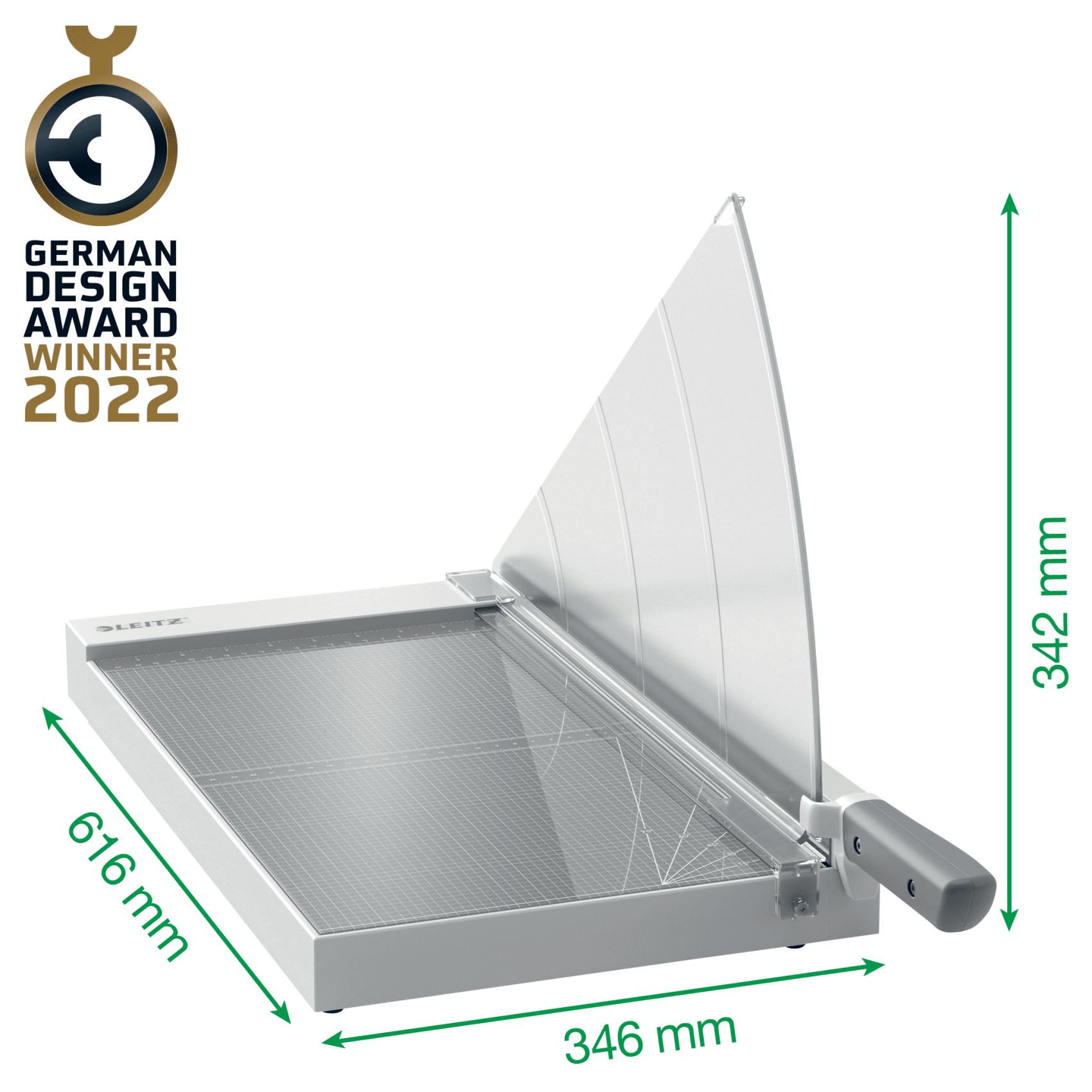 Egy papírvágó, méretekkel jelölve. A German Design Award Winner 2022 jelvénnyel.