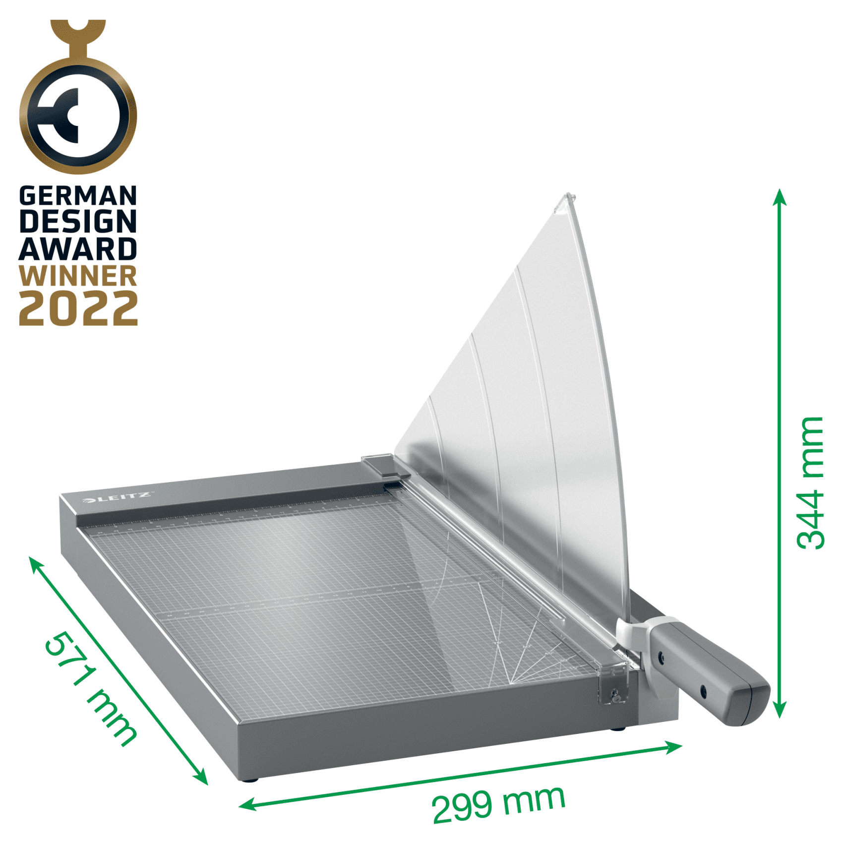 Ezüst papírvágó penge és fogantyúval. German Design Award Winner 2022 felirat.