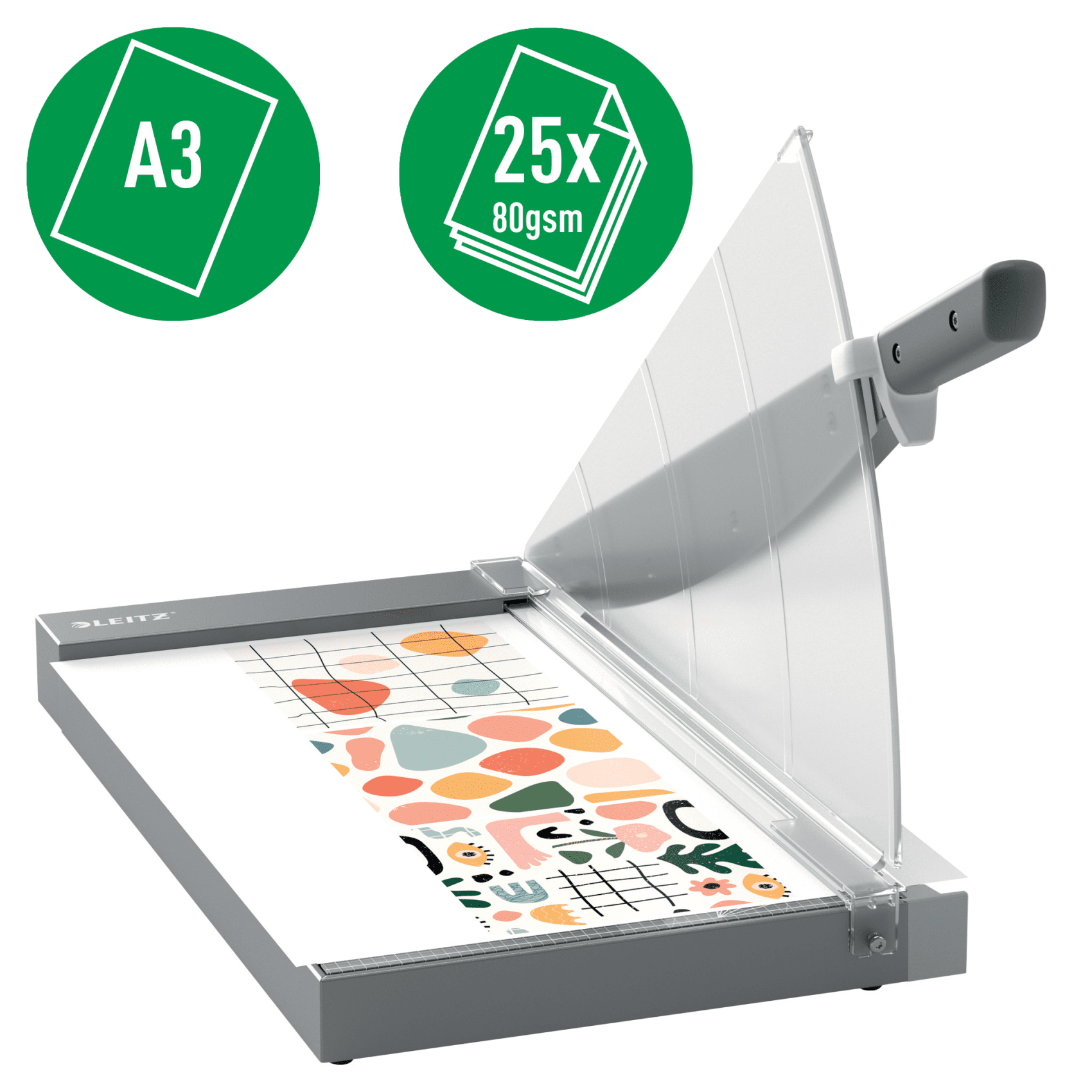Papírvágó A3 és 25x80gsm papír ikonokkal, színes művet vág.