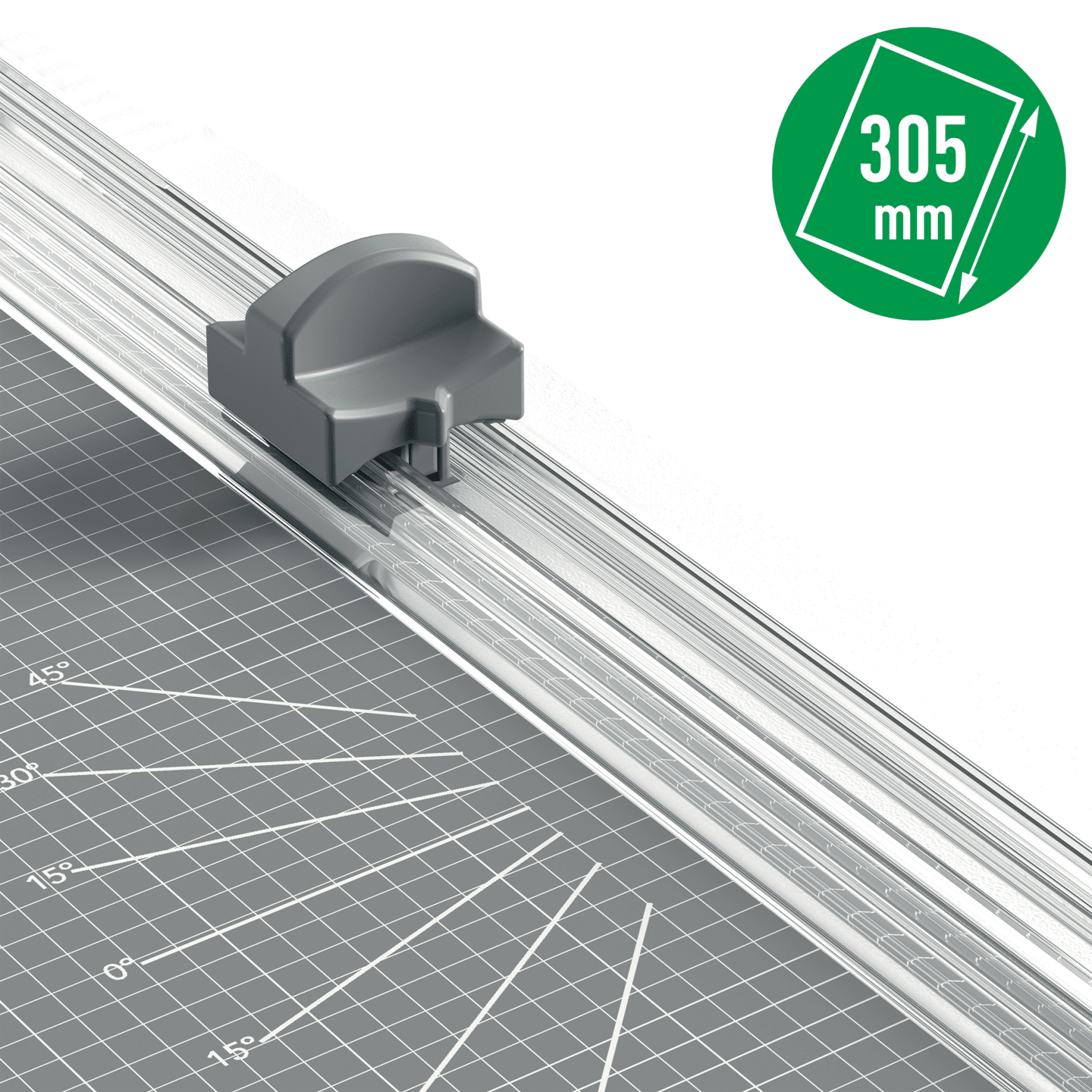 Papírvágó szürke szőnyegen, mérőjelekkel. Zöld címke 305 mm-rel.