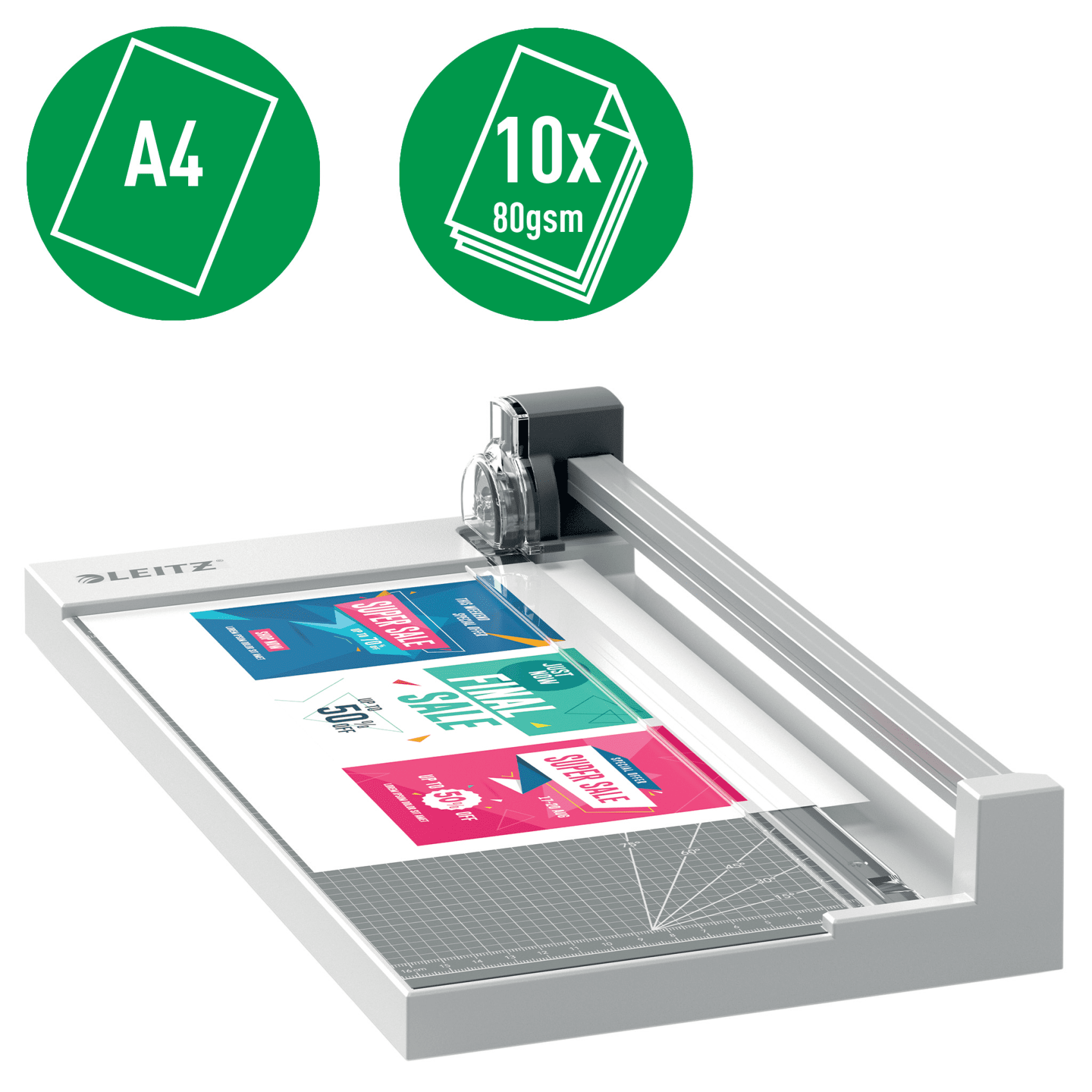 Papírvágó A4/10x80gsm szimbólumokkal és papírral fehér háttér előtt.