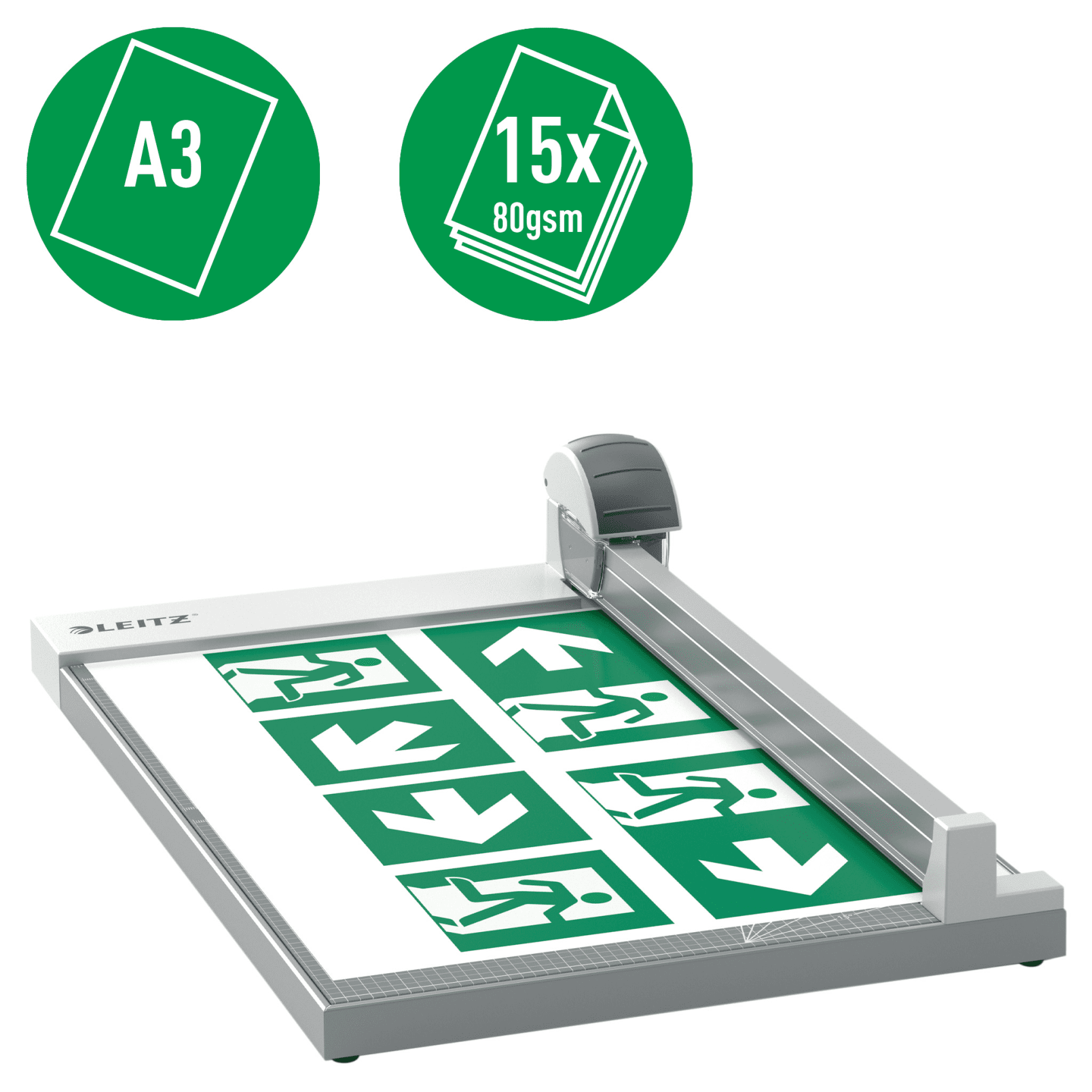 Papírvágó A3-as és 15x80gsm-es papír ikonokkal. A vágón zöld kijáratjelzések vannak.