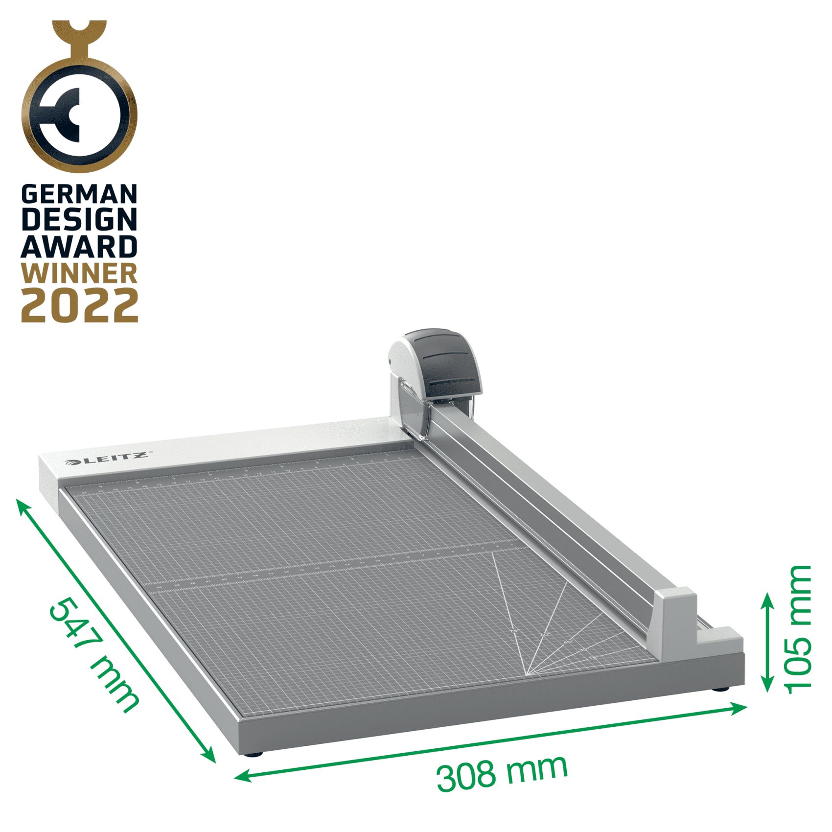 Papírvágó méretekkel és a German Design Award logójával.