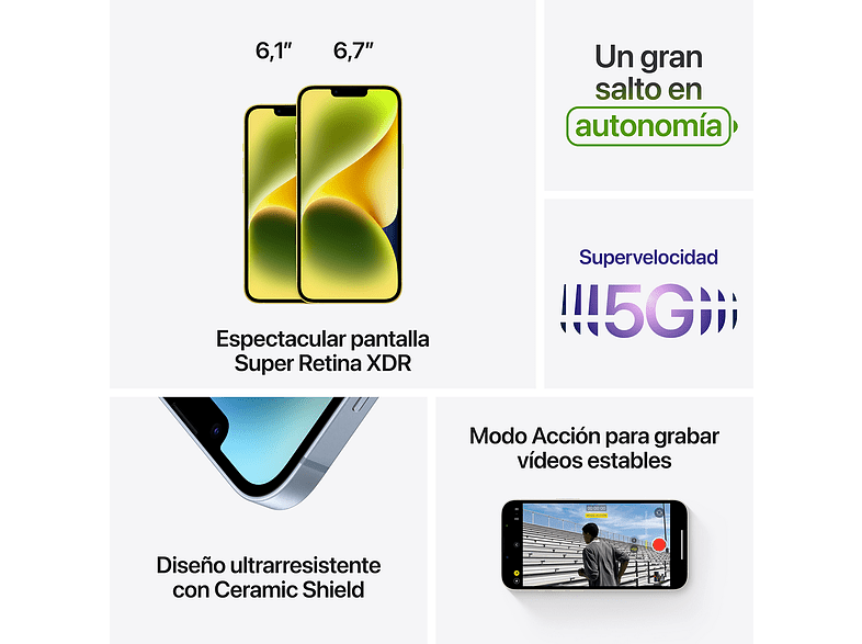 APPLE iPhone 14 Plus, Medianoche, 128GB, 5G, 6.7 ", iOS + Adaptador de corriente, USB-C de 20 W