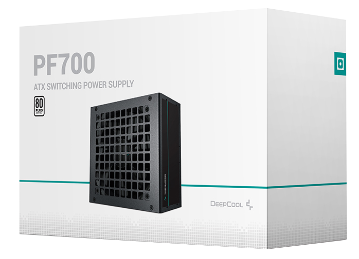 DeepCool PF700 ATX kapcsolóüzemű tápegység doboza. Fehér háttér, fekete tápegység belül.