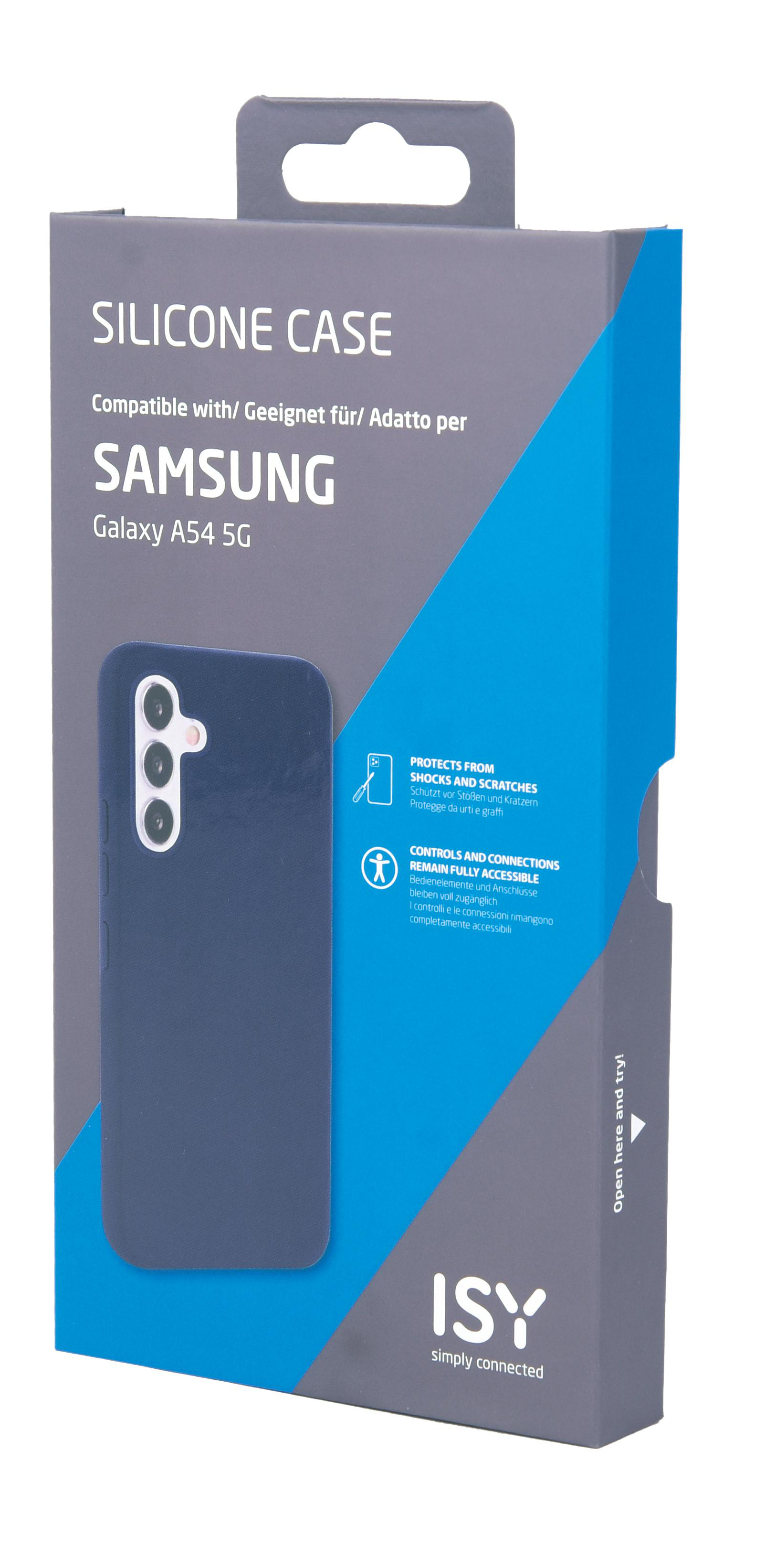 Eine marineblaue Handyhülle in einer Box. Text sagt 'Silikonhülle' und 'Samsung Galaxy A54 5G'.
