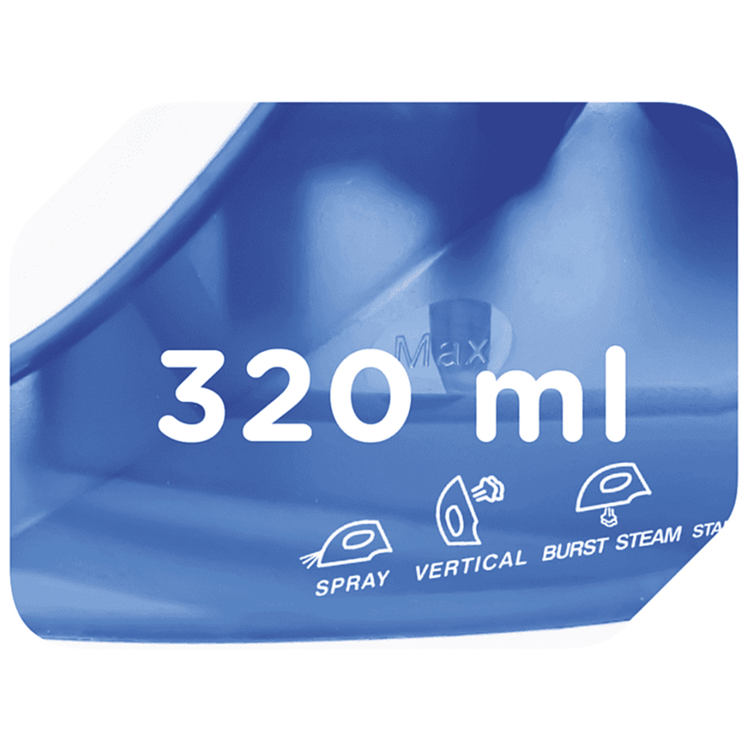 Primo piano di un contenitore blu con testo '320 ml' e icone di spruzzo e vapore.