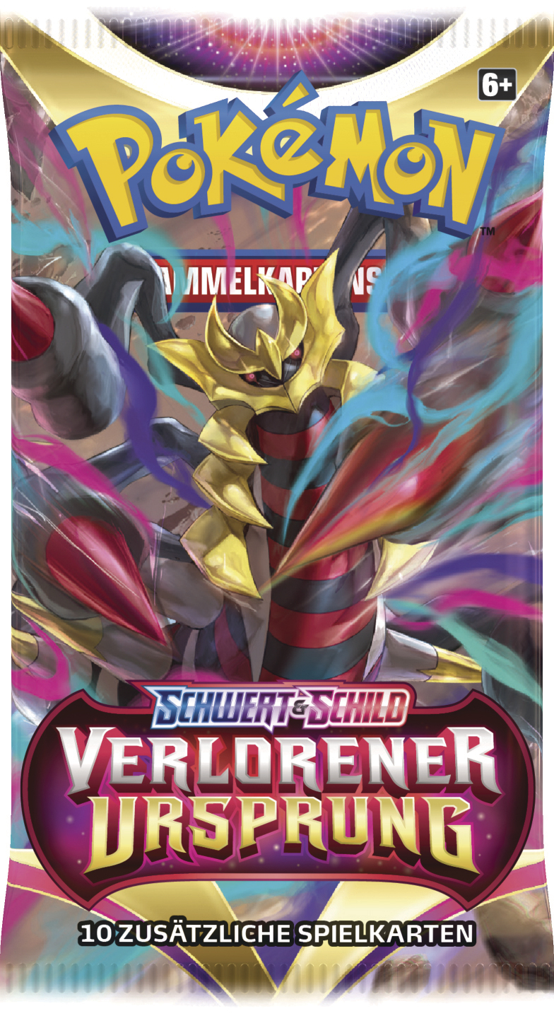 Ein Pokémon-Kartenpack mit "Schwert & Schild" und "Verlorener Ursprung" Text.