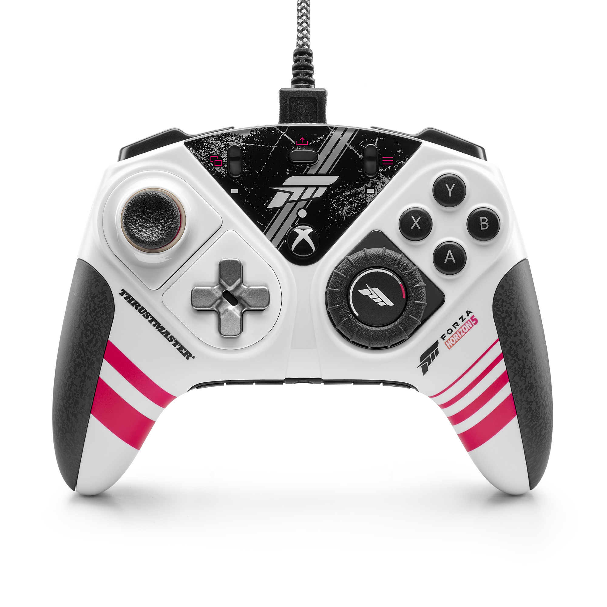 Weiß-schwarzer Gamecontroller mit rosa Akzenten, Tasten und einem schwarzen Kabel.