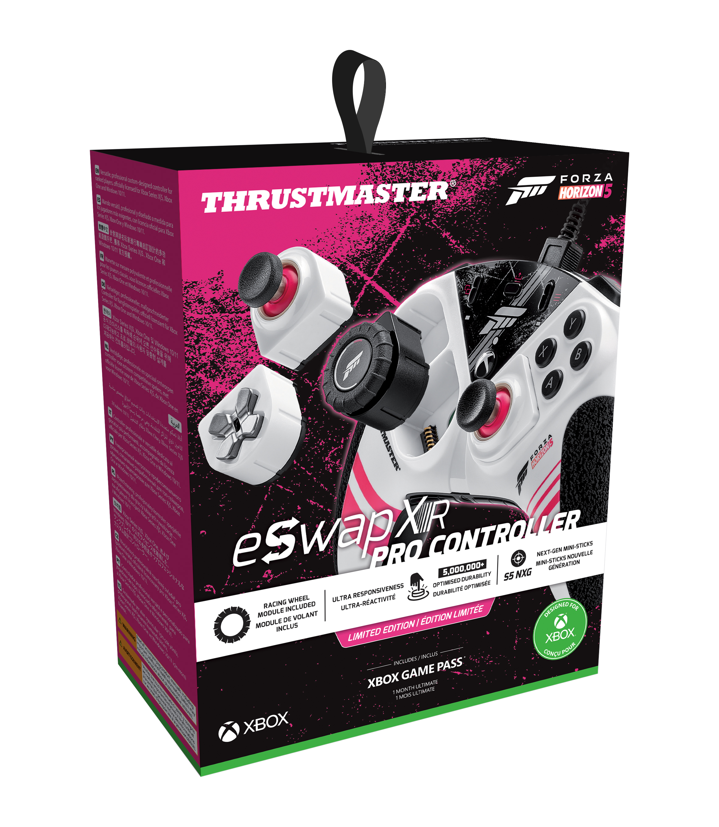 Box für einen Thrustmaster eSwap X Pro Controller. Weißer Controller mit rosa und schwarzen Akzenten sichtbar.