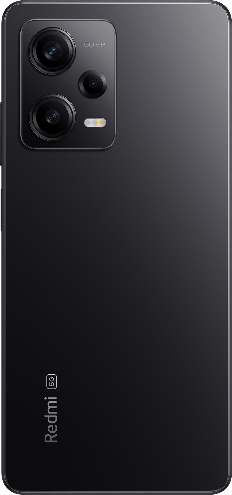 Fekete okostelefon hátlapja három kamerával és a Redmi 5G logóval.