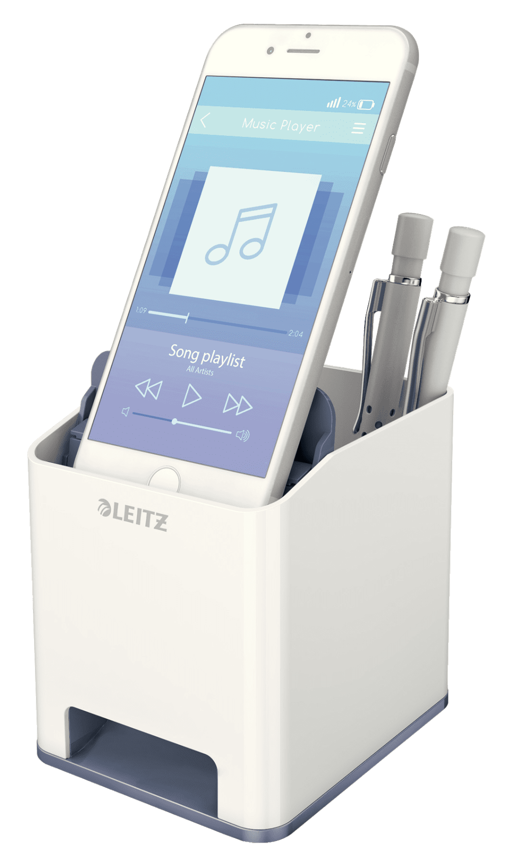 Fehér asztali rendszerező telefonnal és tollakkal. A telefon egy zenelejátszó felületet jelenít meg.