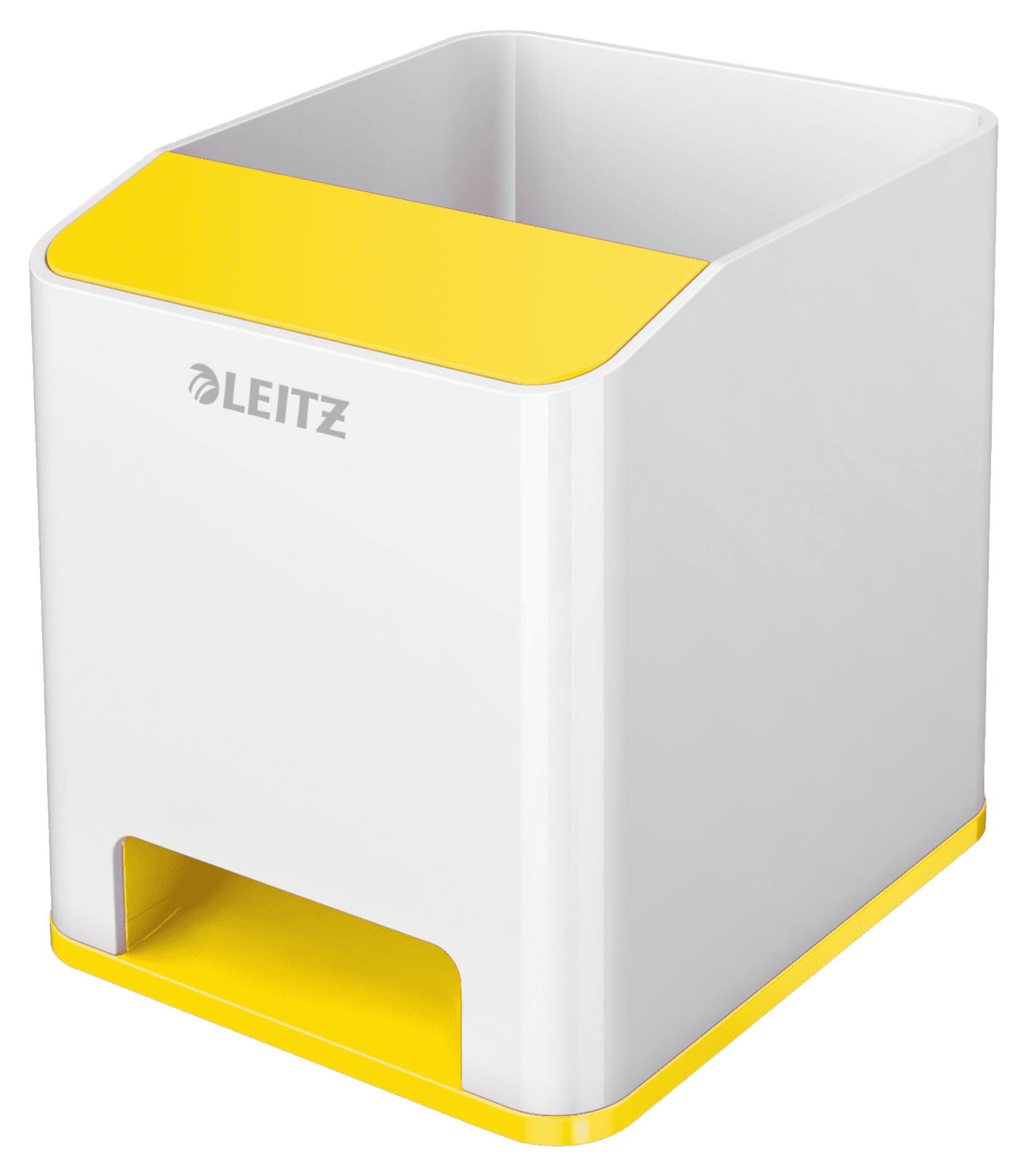 Fehér-sárga asztali rendszerező Leitz logóval, téglalap alakú nyílással.
