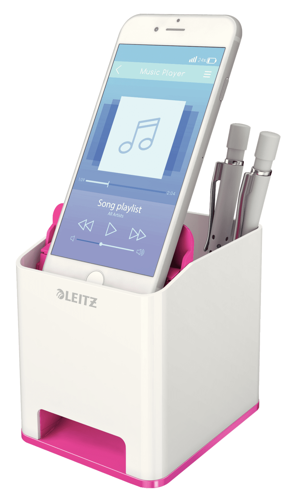 Egy fehér és rózsaszín asztali rendszerező, benne telefonnal és tollakkal.