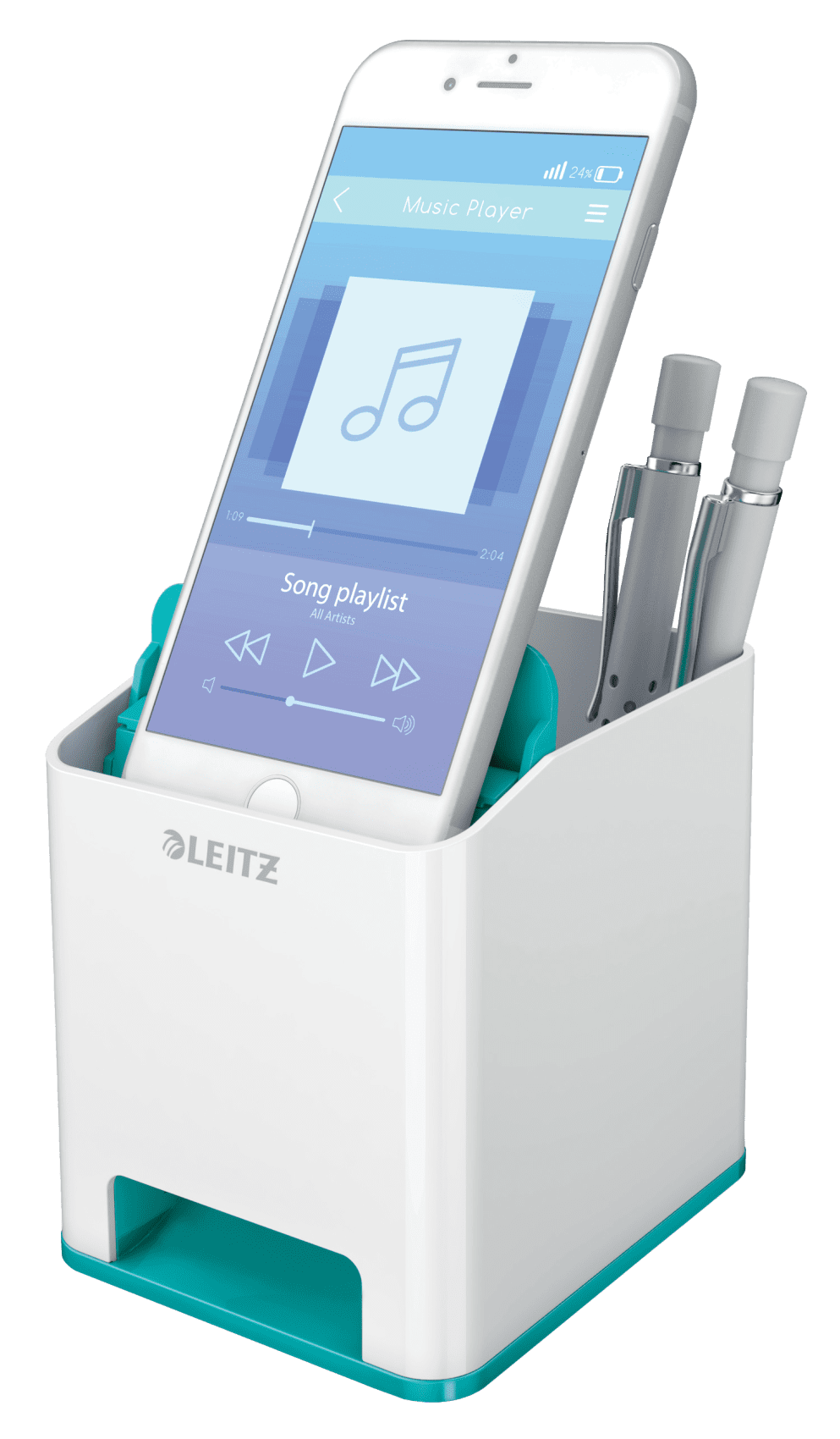 Fehér asztali rendszerező telefonnal és tollakkal. A telefon zenelejátszó alkalmazást mutat.