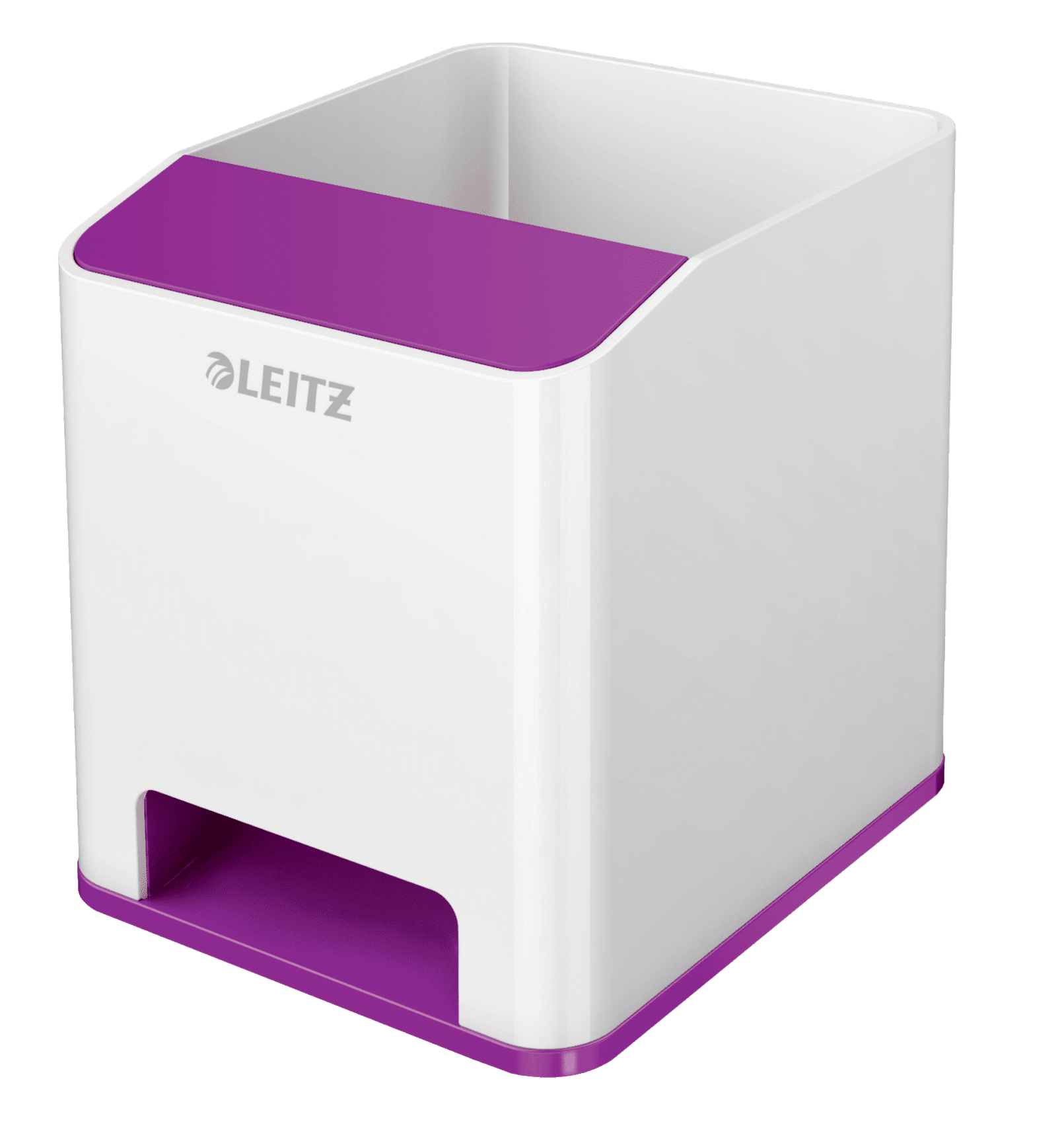 Fehér Leitz asztali rendszerező. Fehér test lila tetővel és alappal.