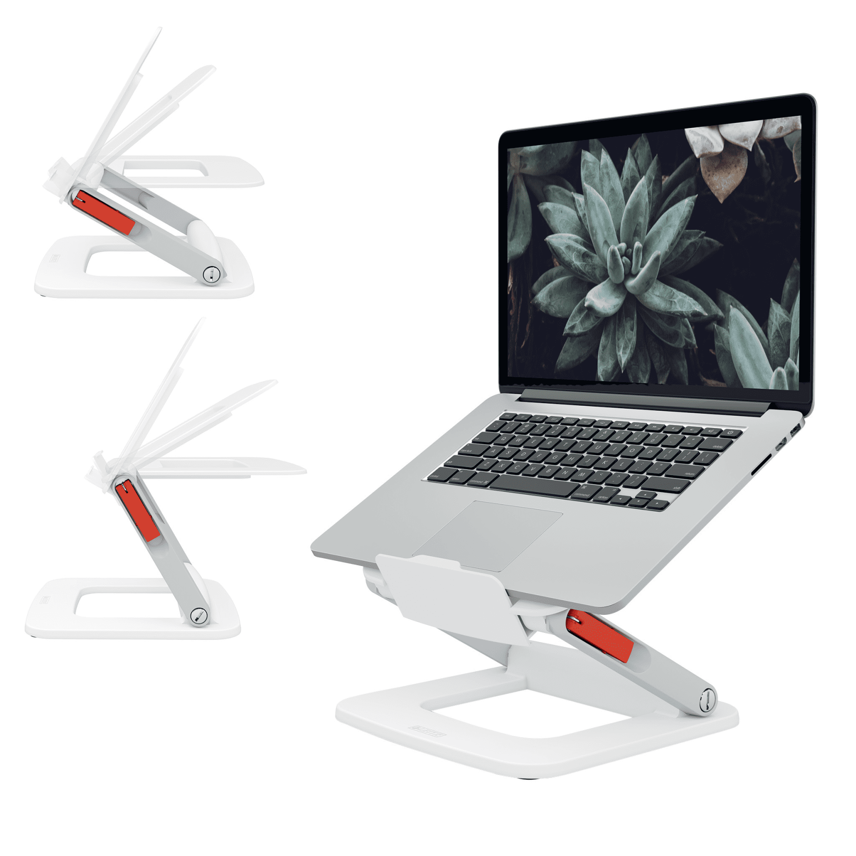 Laptop fehér állványon, állítható karokkal és egyéb állvány opciókkal.
