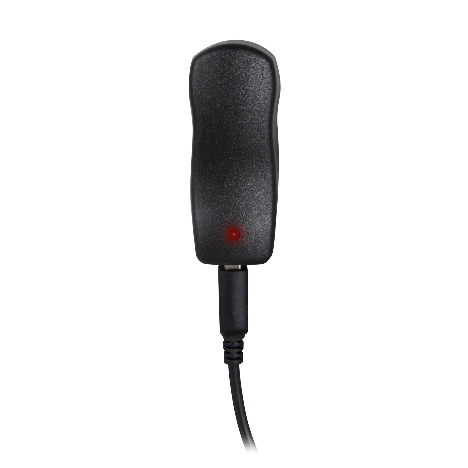 Adaptador de corriente negro con luz LED roja y cable negro, sobre fondo blanco.