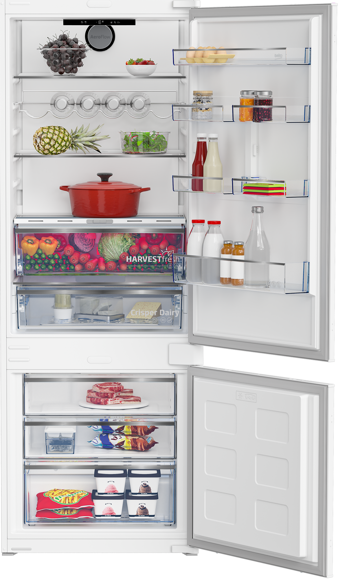 Refrigerador blanco con puertas abiertas, mostrando contenido.