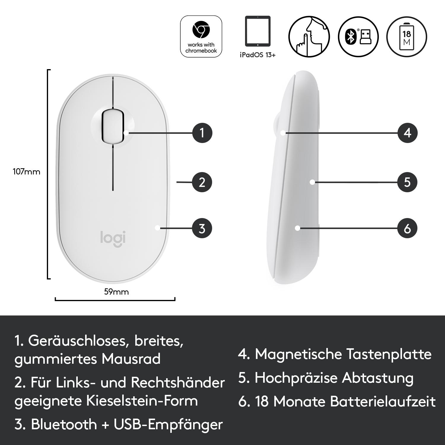 LOGITECH M350 kabellose, geräuscharme Bluetooth Maus, Weiß