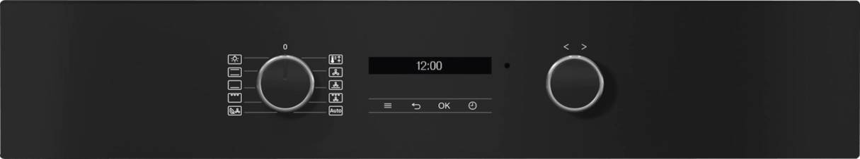 Panel de control del horno con mandos y una pantalla digital que muestra 12:00.