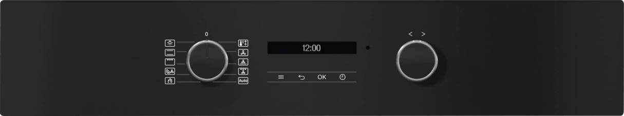 Primer plano de un panel de control de horno negro con perillas, una pantalla que muestra 12:00 y botones.