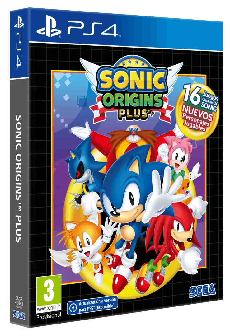 Caja de juego PS4: Sonic Origins Plus con Sonic, Tails, Knuckles y otros personajes en la portada.