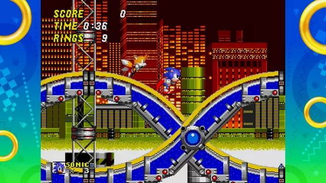 Una escena de videojuego retro con Sonic y Tails corriendo, fondo de ciudad con anillos y puntuación.