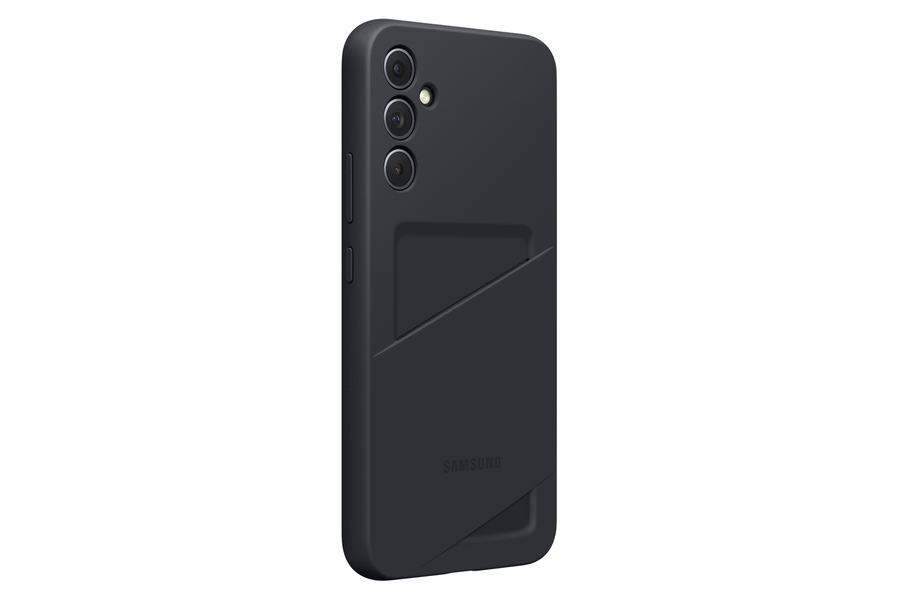 Funda de teléfono negra con ranura para tarjetas, tres lentes de cámara, fondo negro.