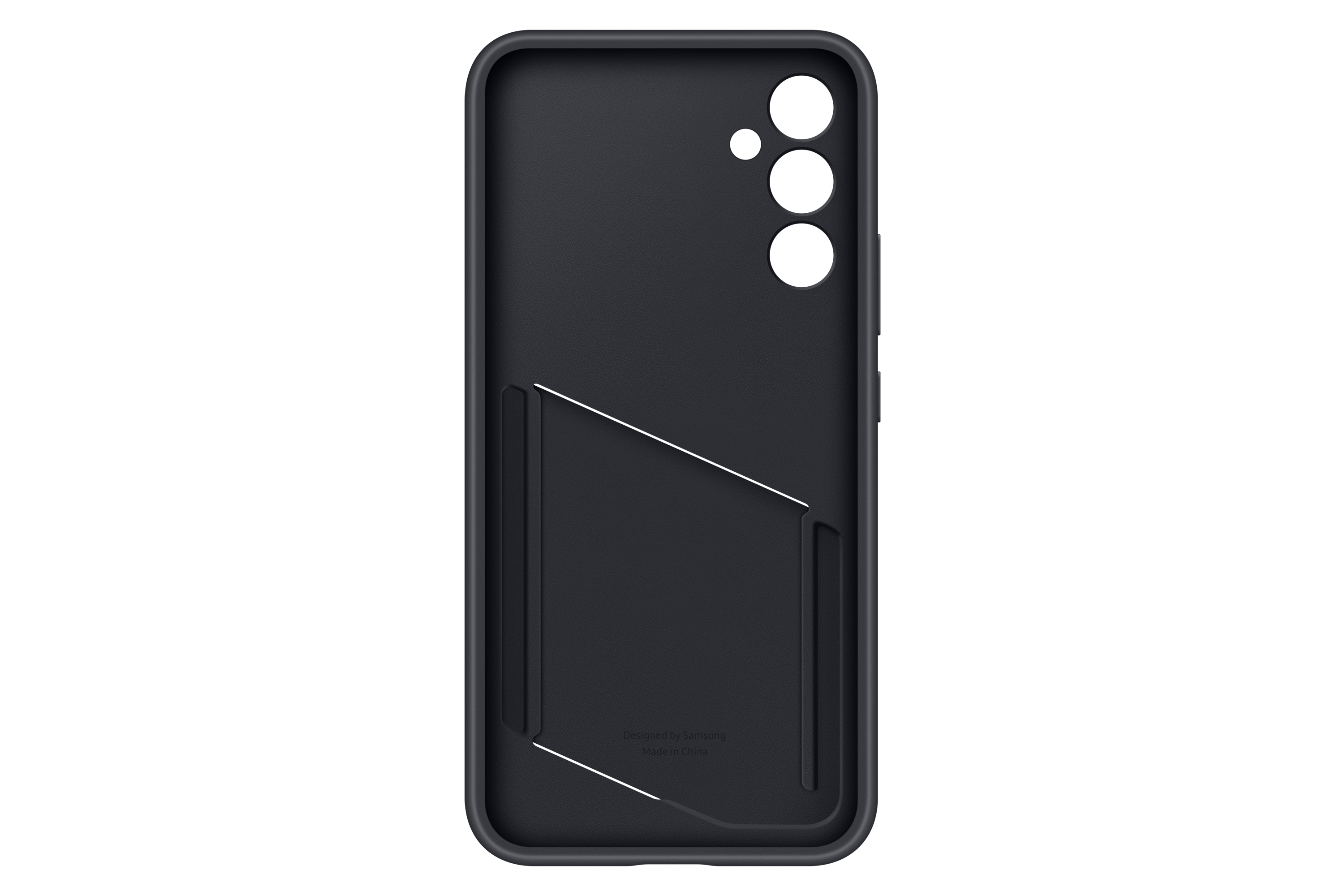 Interior de funda de teléfono negra con tarjetero y lugar para el teléfono.
