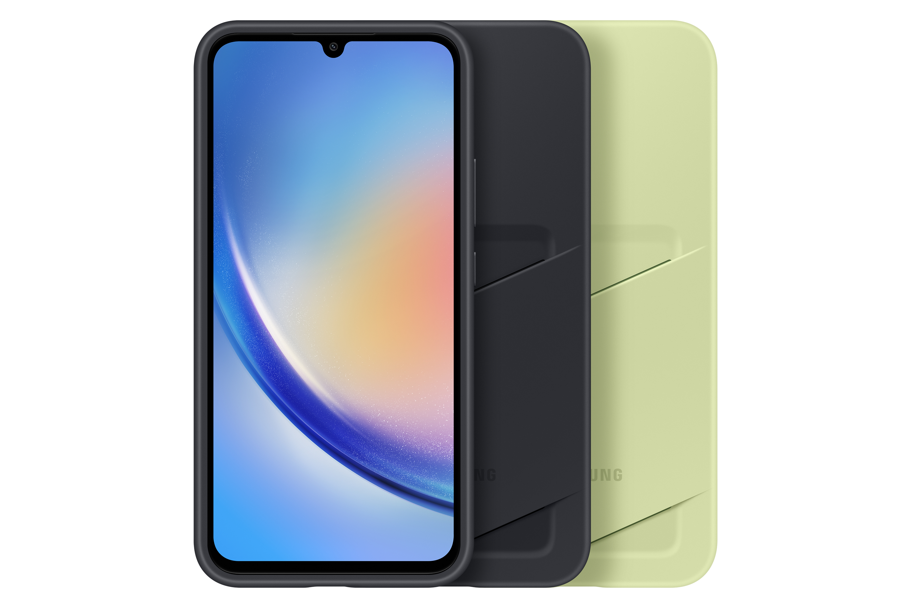 Teléfono negro con pantalla azul y dos fundas: una oscura, otra verde claro.