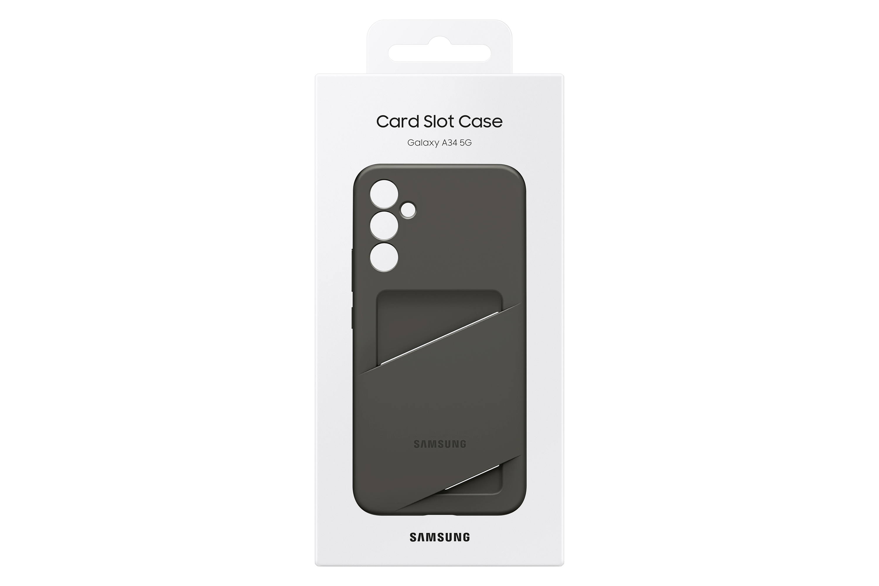Una funda de teléfono gris oscuro con ranura para tarjetas. La funda está en una caja blanca con la marca Samsung.