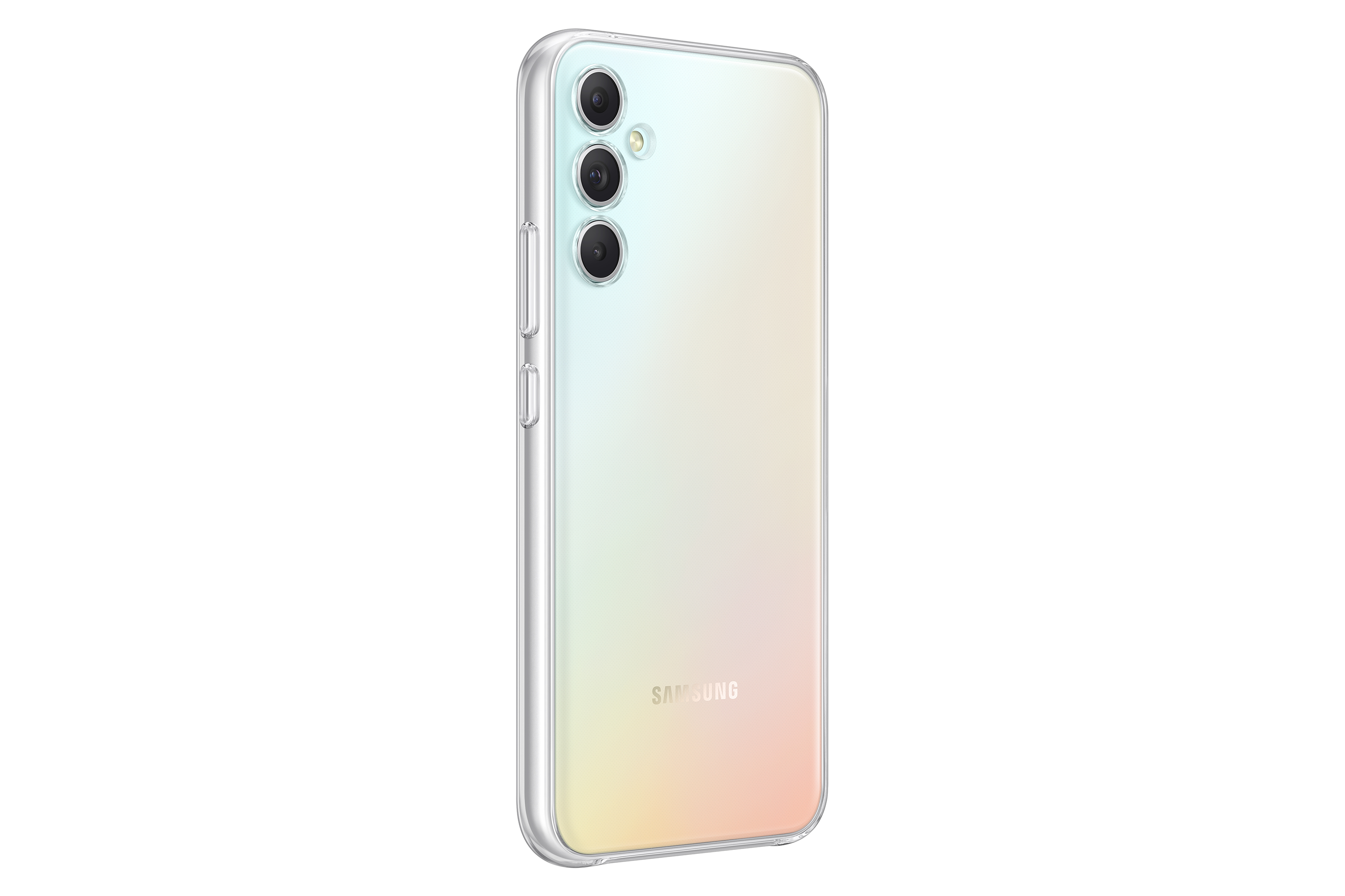 Smartphone. Parte trasera de un teléfono con varias cámaras y una funda transparente.