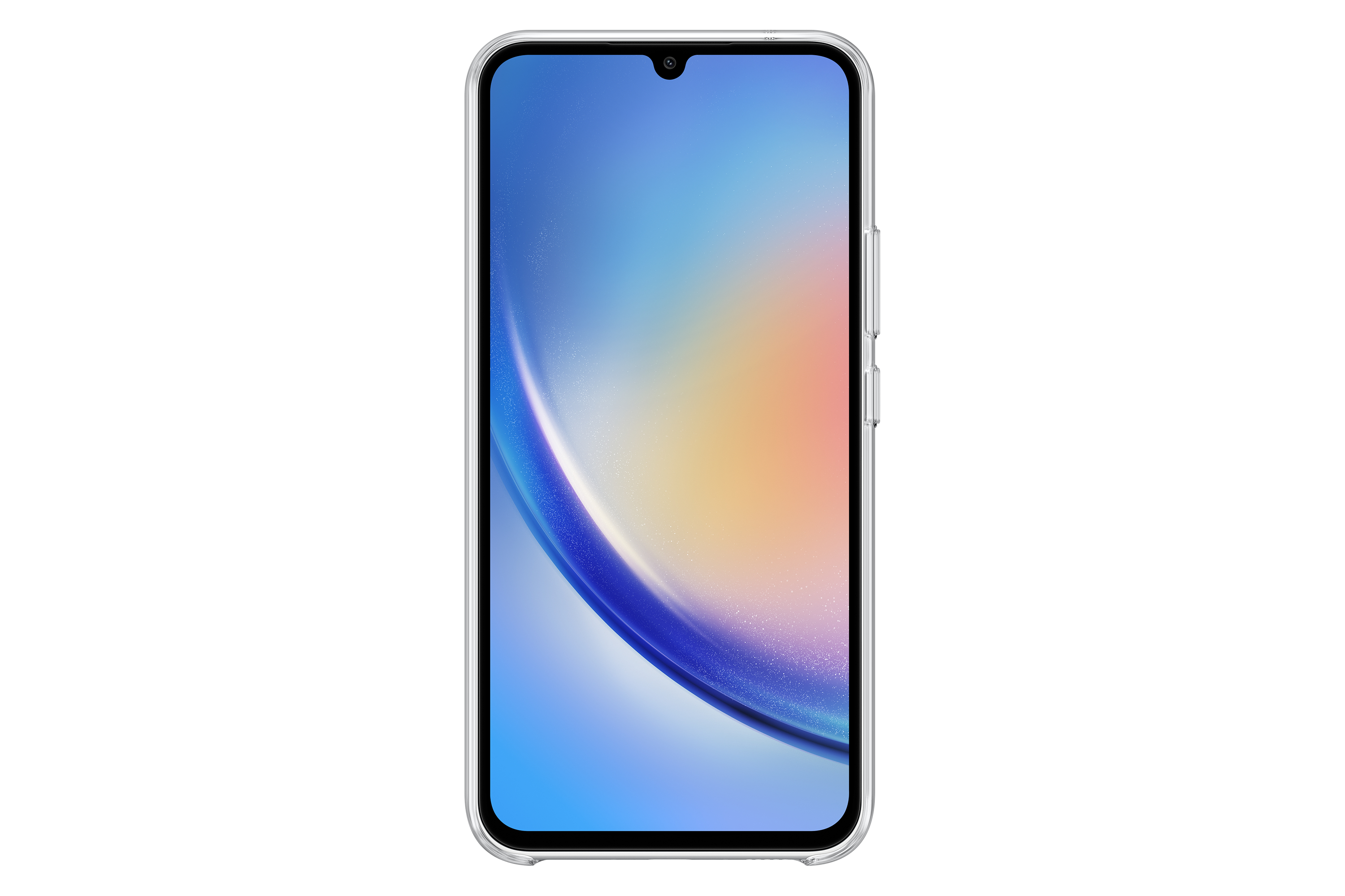 Frontal de smartphone, pantalla azul-amarilla en funda, fondo blanco.