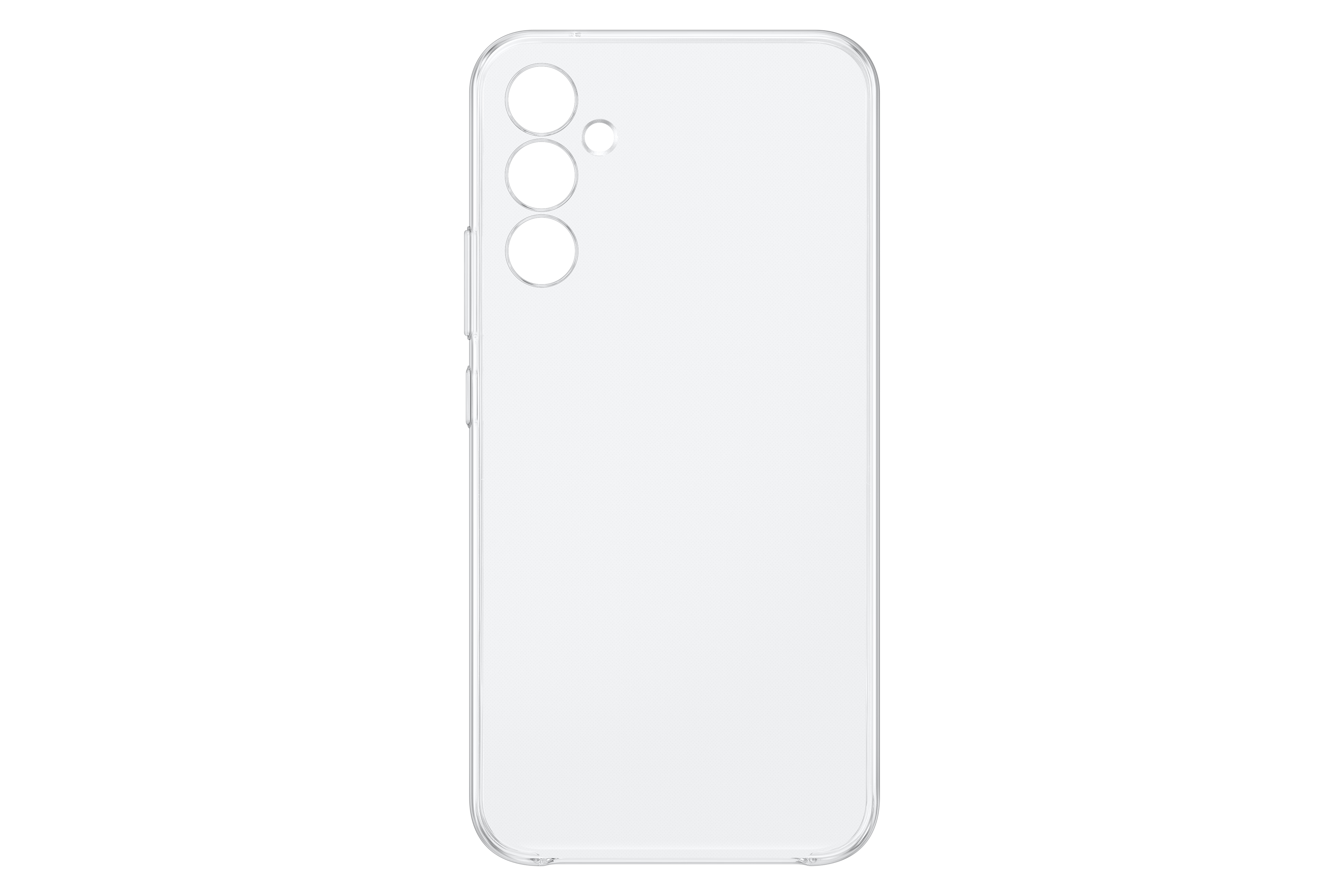 Una funda transparente para teléfono, que muestra la parte trasera de un teléfono con recortes para la cámara y botones laterales.