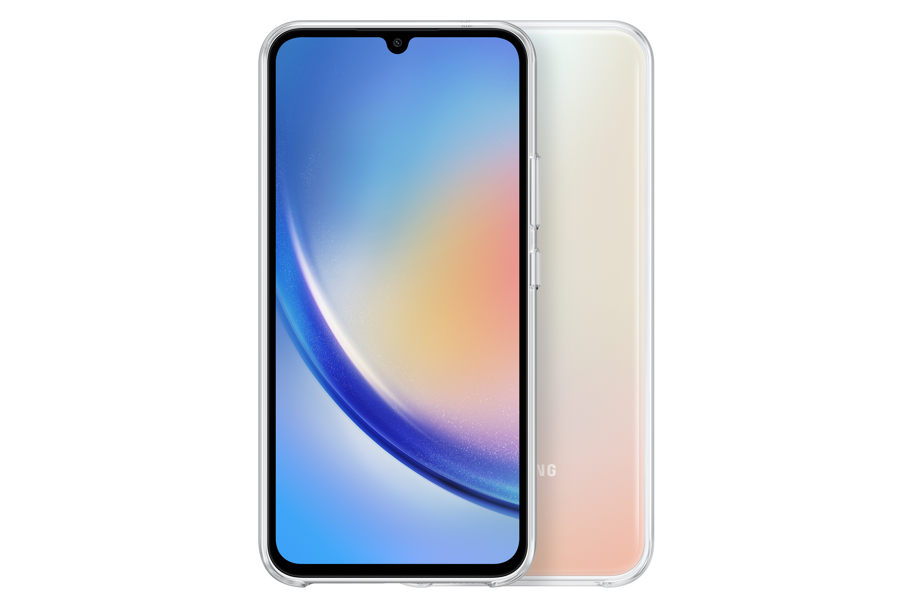 Un teléfono inteligente con una funda transparente, mirando hacia el frente. El teléfono tiene una parte trasera degradada.