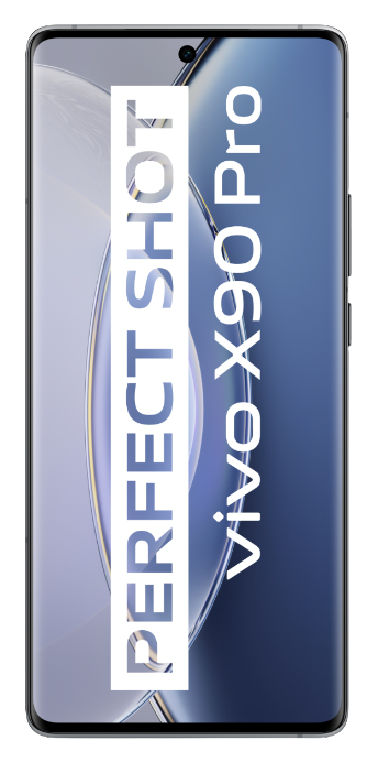 Smartphone mit Text "PERFECT SHOT" und "vivo X90 Pro" auf dem Bildschirm.
