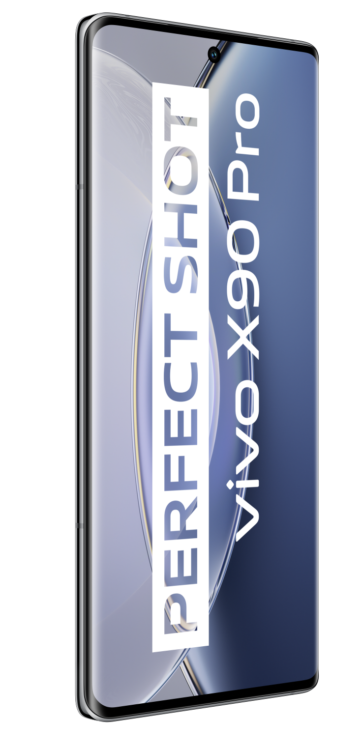 Ein schlankes Telefon mit einem Bildschirm, auf dem "PERFECT SHOT" und "vivo X90 Pro" stehen. Das Telefon ist weiß.