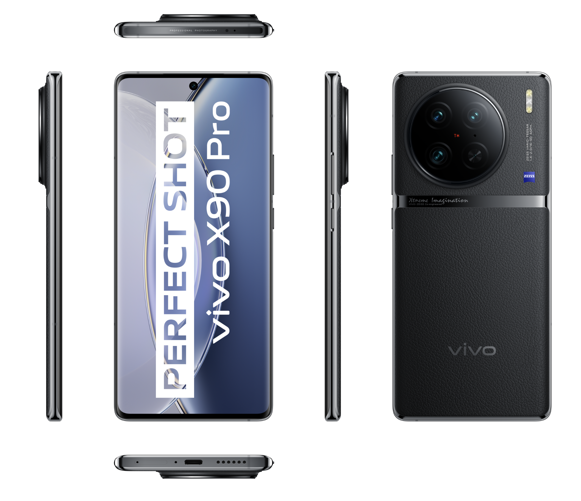 Mehrere Ansichten eines schwarzen Telefons, Vivo X90 Pro, mit den Profilen von Vorder-, Rück- und Seitenansicht.