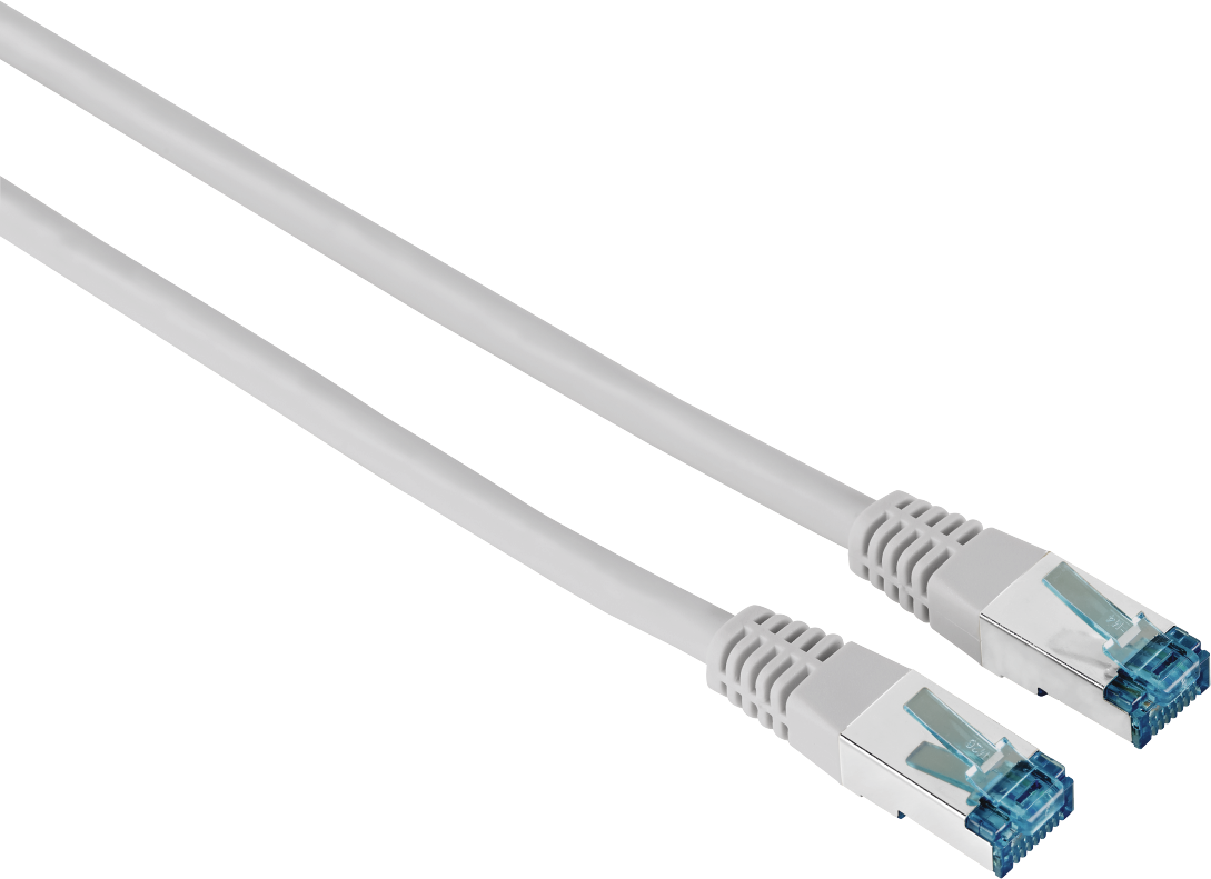 Zwei weiße Ethernet-Kabel mit blauen Steckern vor schwarzem Hintergrund. Nahaufnahme.