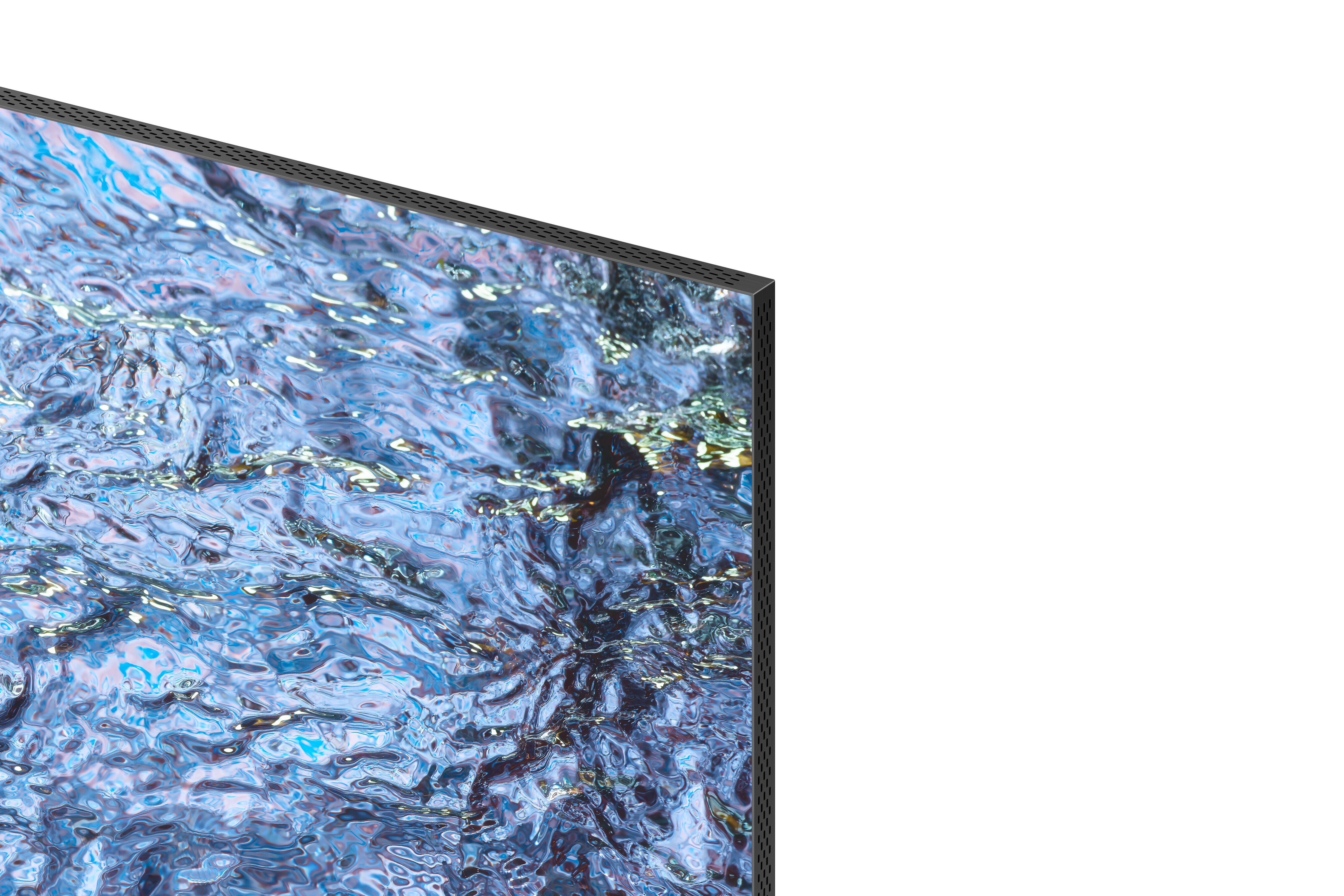 Nahaufnahme des Bildschirmrands, der Wasserspiegelungen mit blauen und silbernen Farbtönen zeigt.