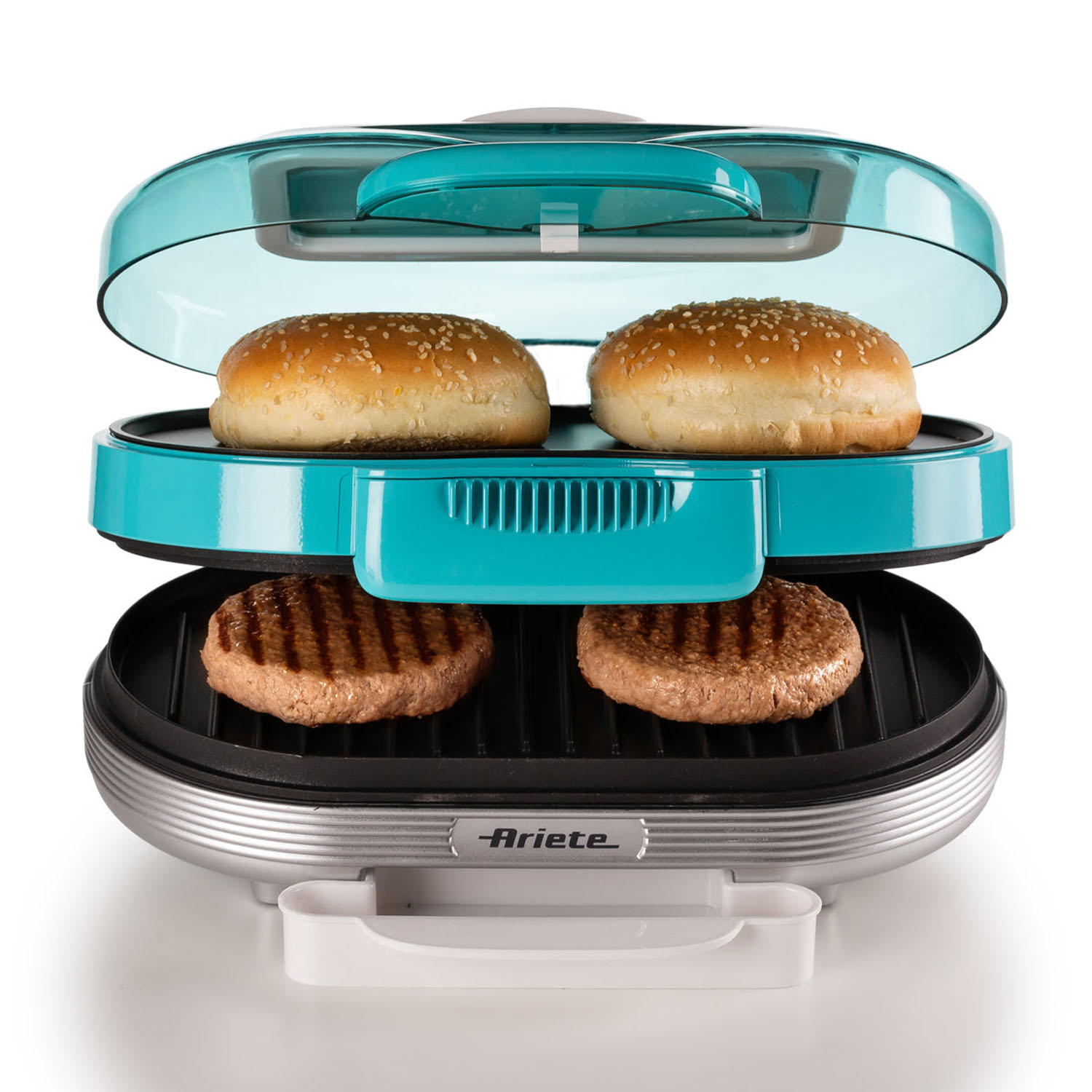 Una griglia per hamburger turchese e argento con hamburger e panini.