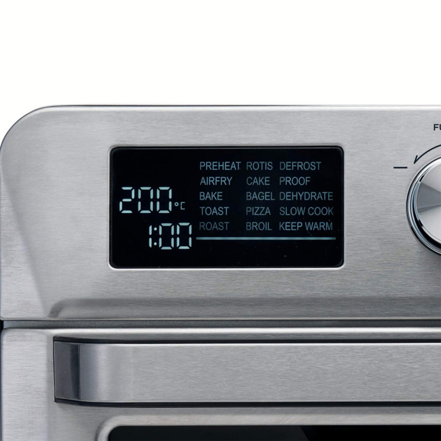 Primo piano del pannello di controllo di un forno argentato con '200°C' e '1:00'.