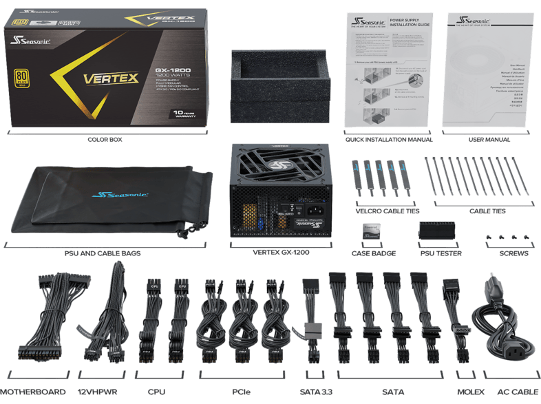 SEASONIC Vertex GX-1200 PC-Netzteil, 1200W, ATX 3.0, Modular, 80 PLUS Gold, 135mm Lüfter, Schwarz — Foto 4 von 4