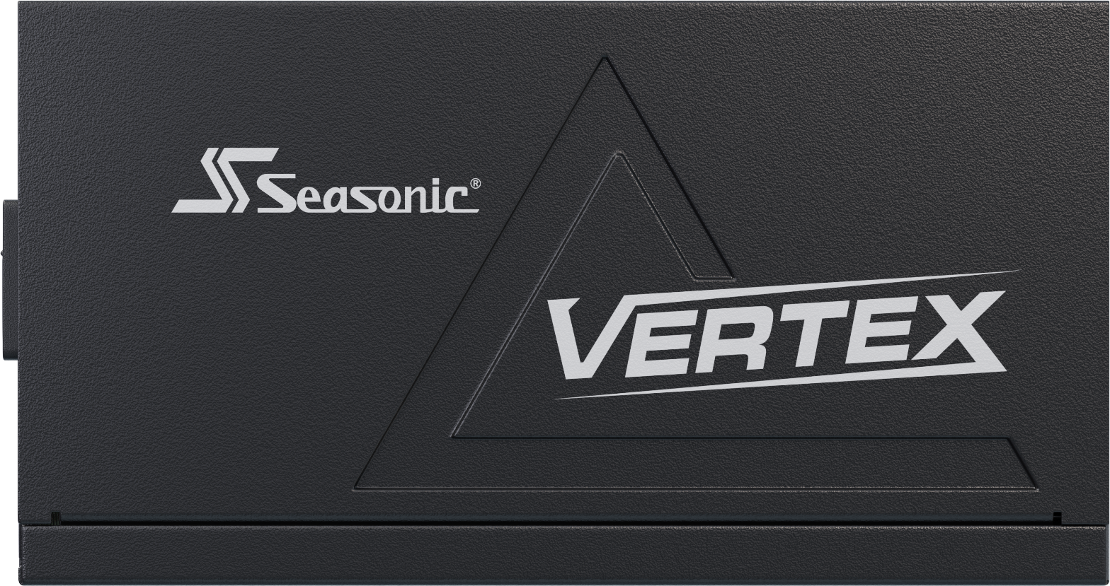 Schwarzes Seasonic Vertex Netzteil mit weißem Logo und Text auf schwarzer Oberfläche.