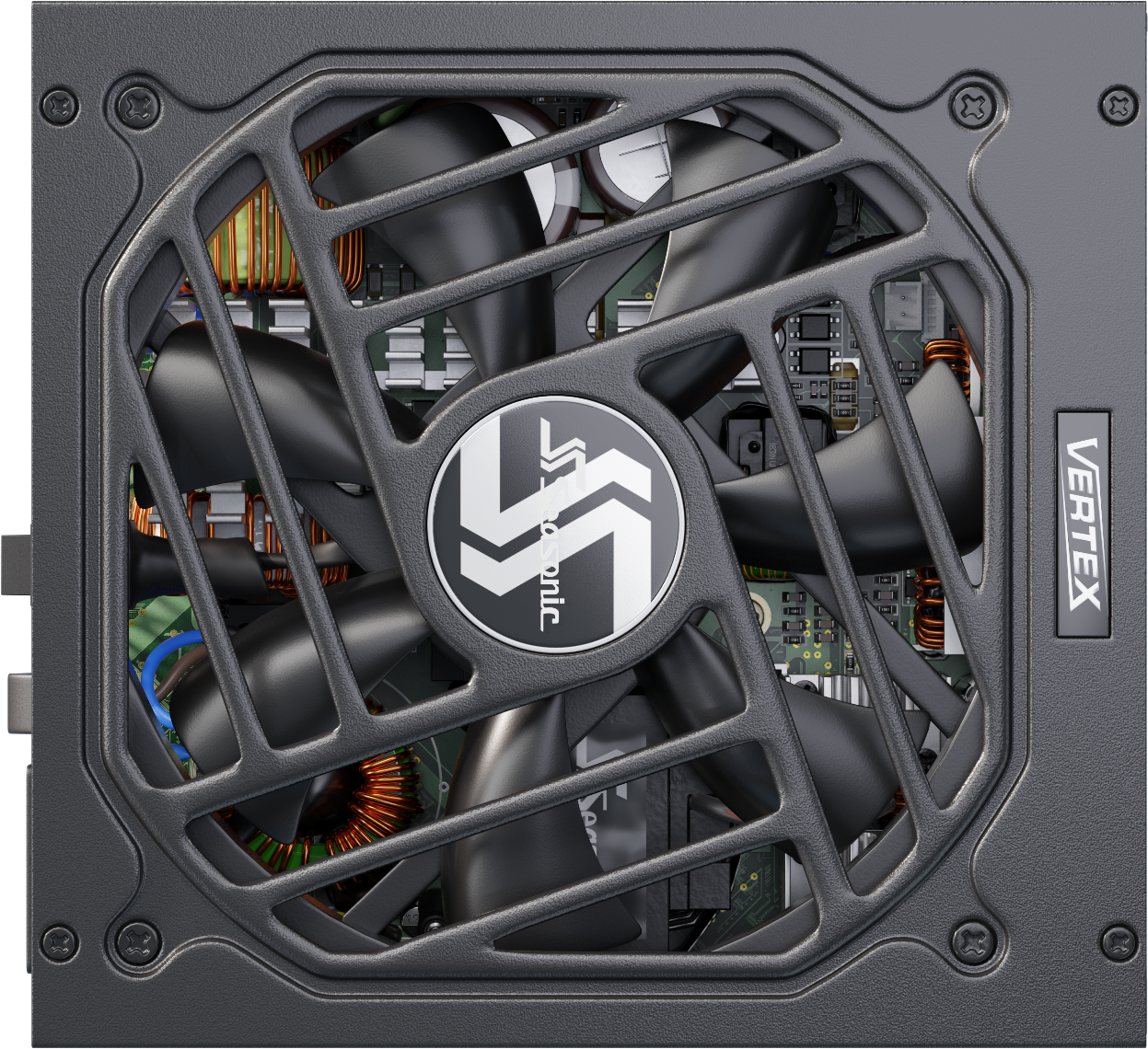 Nahaufnahme eines Netzteillüfters und des Innenraums. Seasonic Vertex Logo sichtbar.