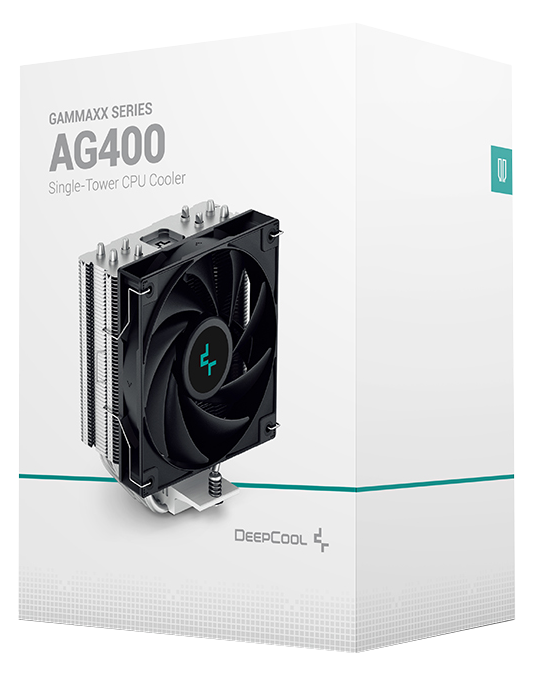 Fehér doboz fekete és ezüst CPU-hűtővel. A dobozon a szöveg: 'GAMMAXX SERIES AG400'.
