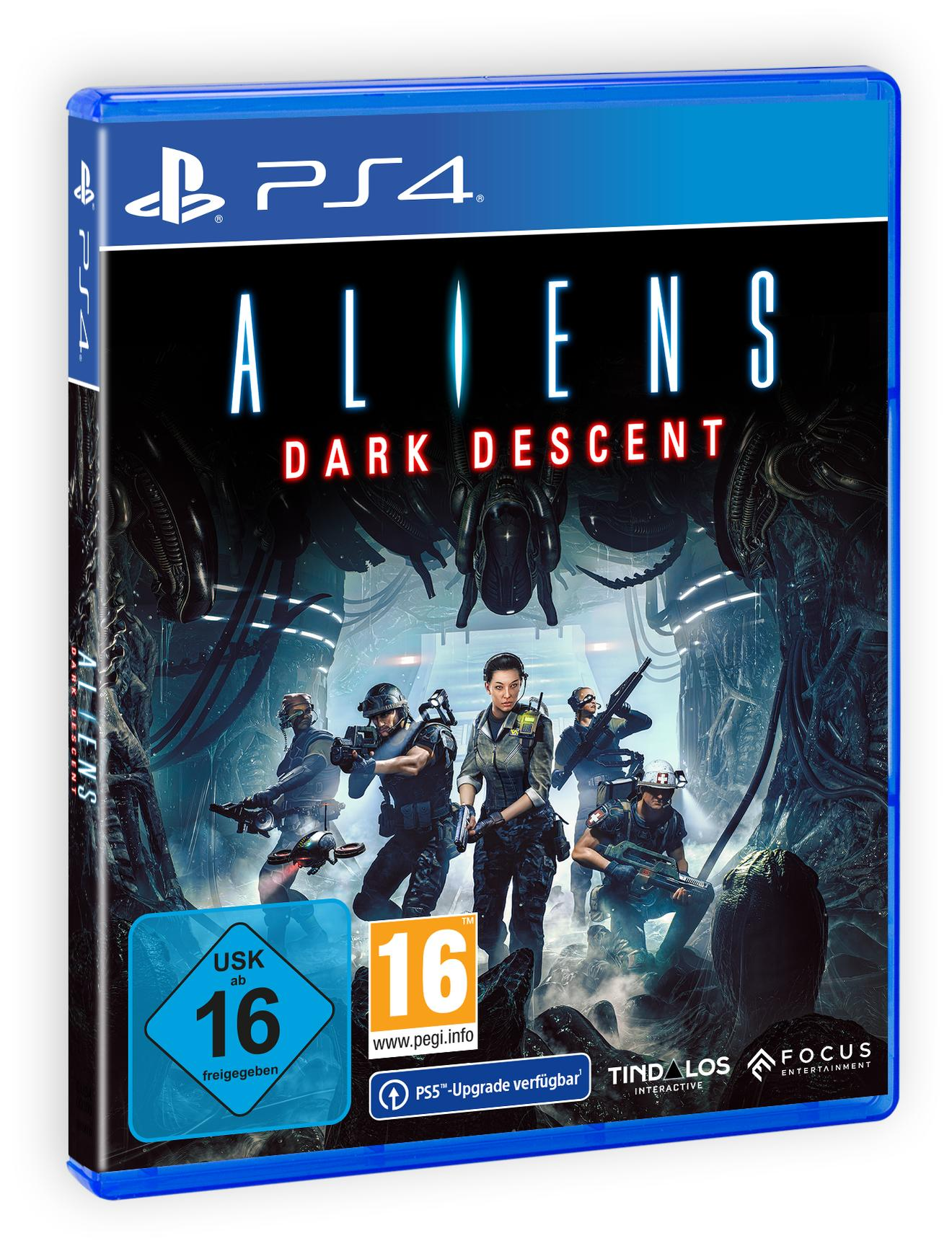 PS4-Spielverpackung für Aliens: Dark Descent. Cover-Art zeigt Soldaten und Aliens. Blaue Hülle.