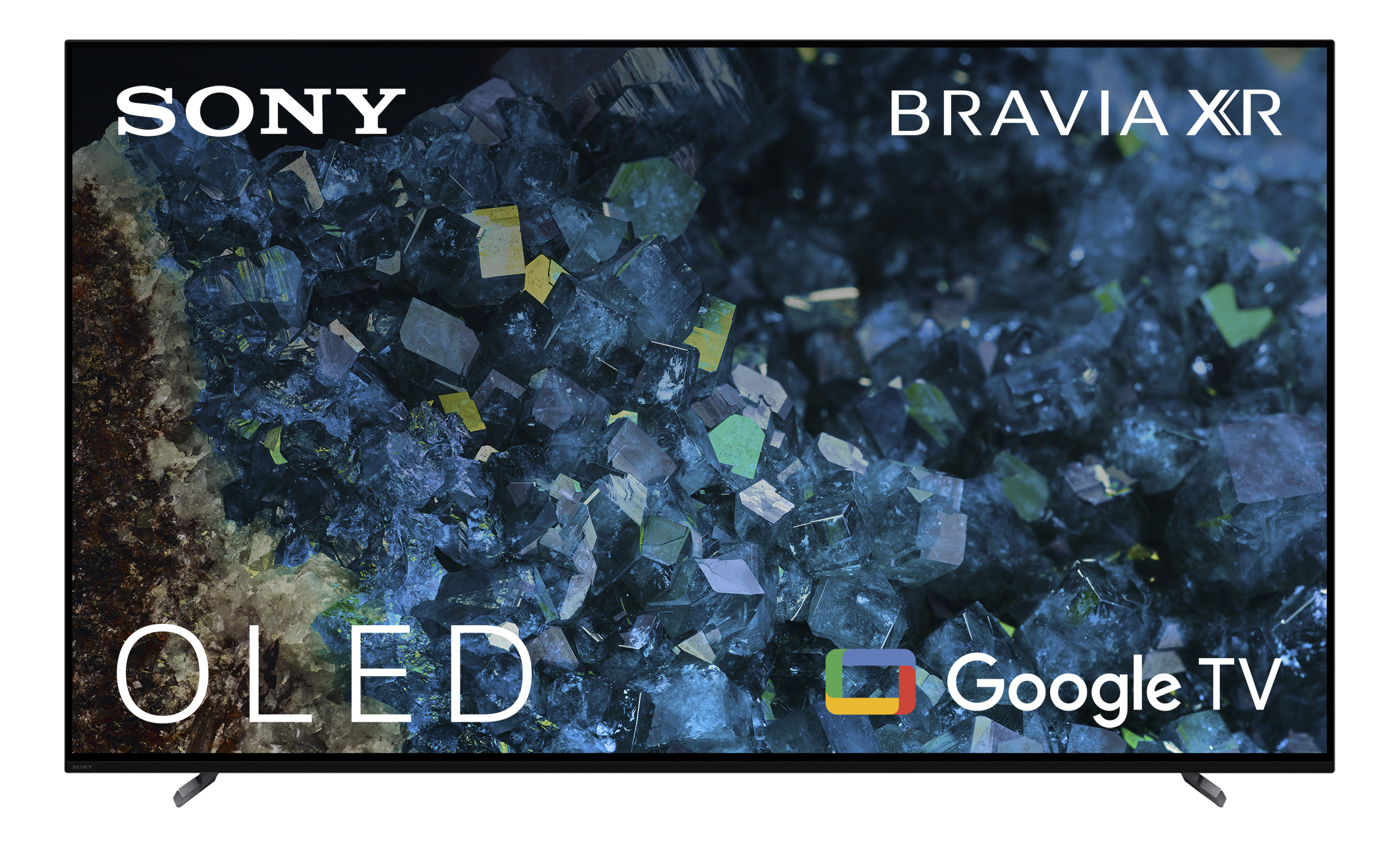 Sony Bravia XR OLED Google TV. Ein Fernsehbildschirm zeigt ein abstraktes Bild von blauen und grünen Kristallen.