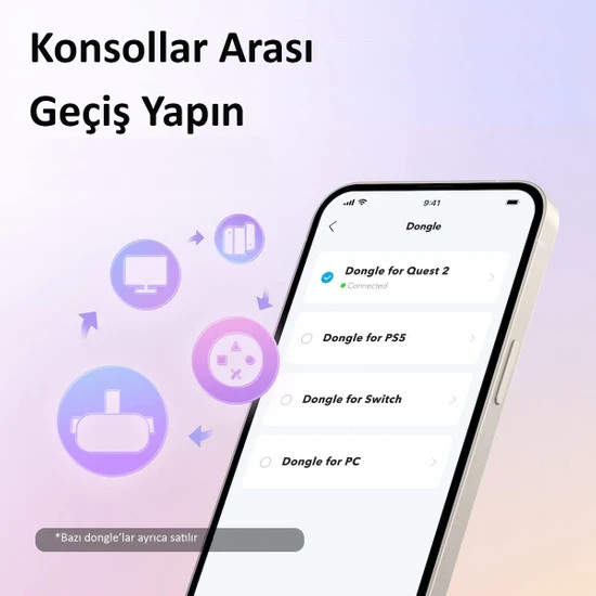 Bağlantı seçenekleriyle 'Dongle' arayüzü görüntüleyen akıllı telefon.